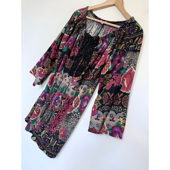 ALBERTO MAKALI floral leopard print black lace bell sleeve silk minidress - Picture 4 of 8